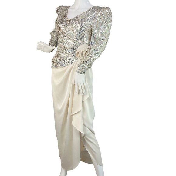 Estevez Vtg 1970's Disco Sequin Formal Dress with Ivory Silk Rose Sz 6